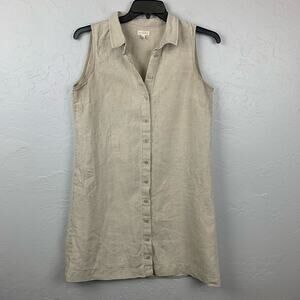 Garnet Hill Shirt Dress Linen Tan Sleeveless Collared Neutral Size 10